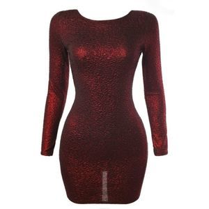Women's Long Sleeved Red Glitter Open Back Mini Dress